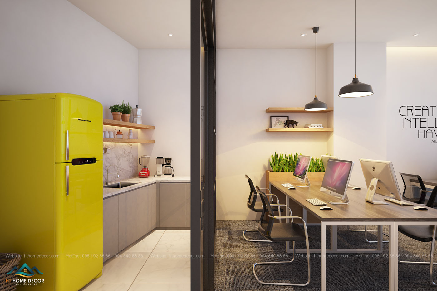 văn phòng tiện nghi Khu vực bếp nhỏ phục vụ cho nhu cầu ăn uống nhanh của mọi người. Có tủ lạnh to để trữ các thức uống và thực phẩm tươi. Sự tiện nghi đầy tinh tế và thấu hiểu.