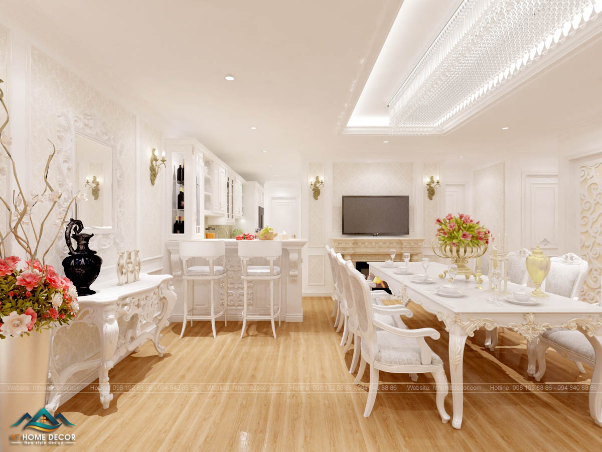 Tone màu trắng nhẹ nhàng vẫn là điểm nhấn xuyên suốt toàn bộ không gian. Bộ bàn ăn chung cư khá phù hợp bởi vẻ đẹp tinh tế. 