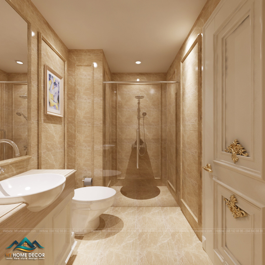 Tường kính giúp phân chia khu vực của phòng tắm và nhà vệ sinh.