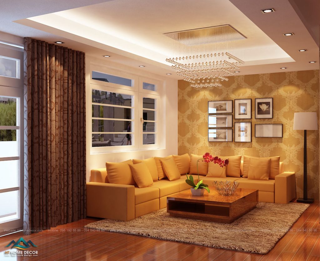 Bộ sofa ngọt ngào màu trứng gà với background tường vàng họa tiết hình thoi cách điệu. Đem đến một sự hòa hợp tuyệt đối trong thiết kế nội thất.