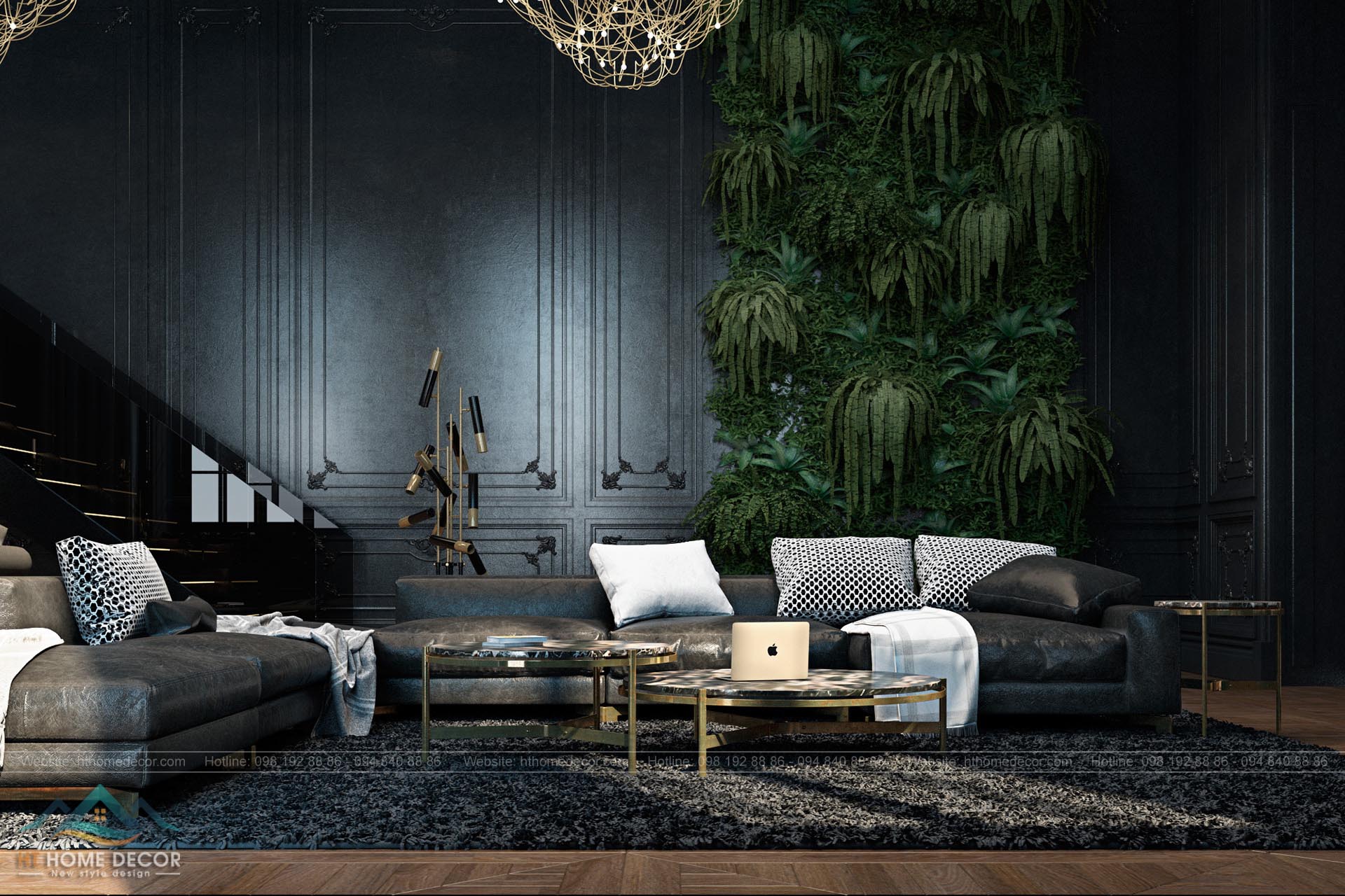 Phòng khách ấn tượng với bộ bàn ghế sofa màu ghi thẩm mang trong mình một phong cách đẹp của Hoàng Gia. Được thiết kế khá là chi tiết và tỉ mỉ, cái đẹp đặc sắc thể hiện ở phần biến tấu. 
