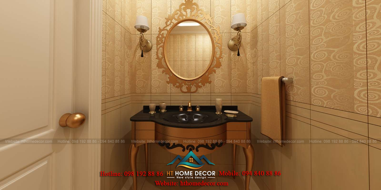 Gương lớn và tủ đa năng mạ vàng đẹp mắt. Gương được thiết kế phong cách cổ xưa.