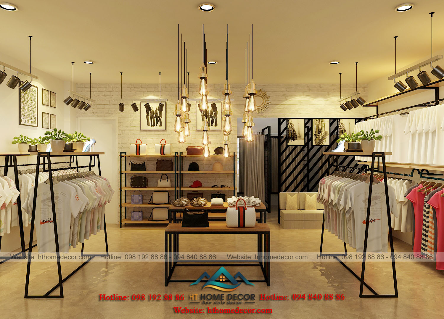 shop thời trang nữ rộng rãi Hệ thống đèn treo vừa để trang trí, vừa cung cấp ánh sáng cho toàn bộ shop thời trang.
