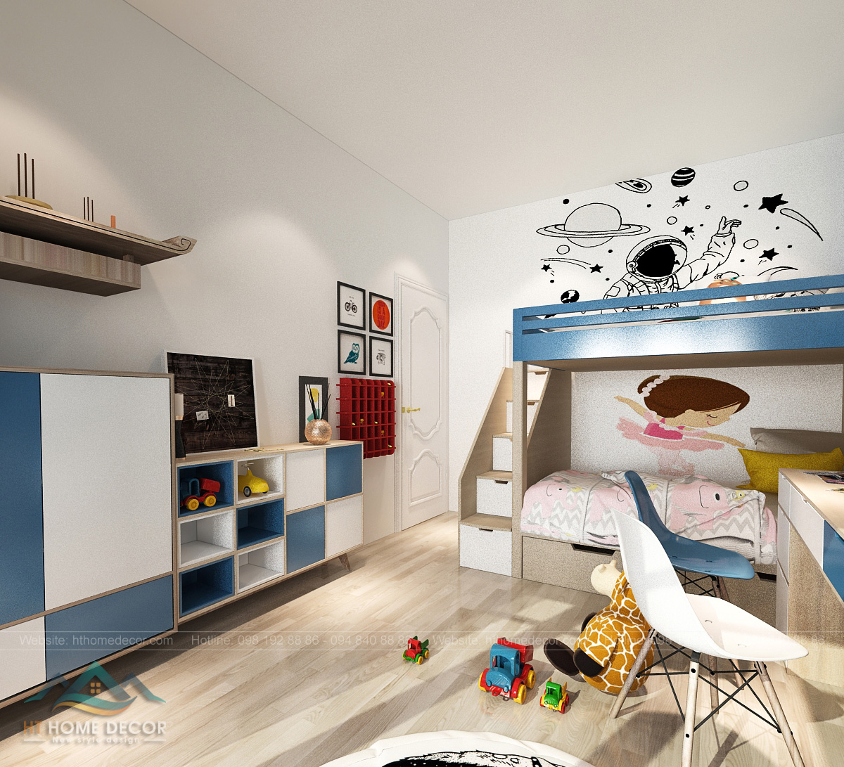 Ở gian phòng dành cho các bé được thiết kế màu sắc sặc sỡ phù hợp với lứa tuổi. Trắng xanh dương là màu chủ đạo cho căn phòng.