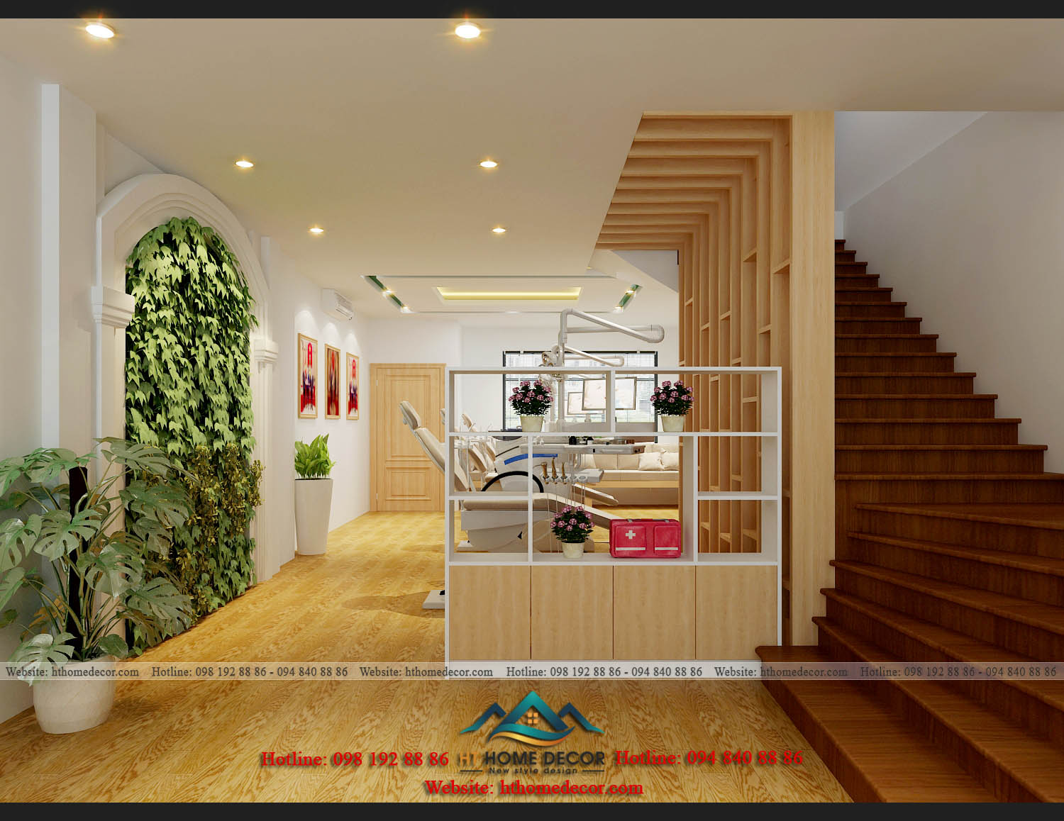Một góc nhỏ trồng cây dây leo, tạo thành bức tường xanh giữa không gian nha khoa nội thất gỗ. Làm cho không gian thêm sinh động màu sắc hơn.