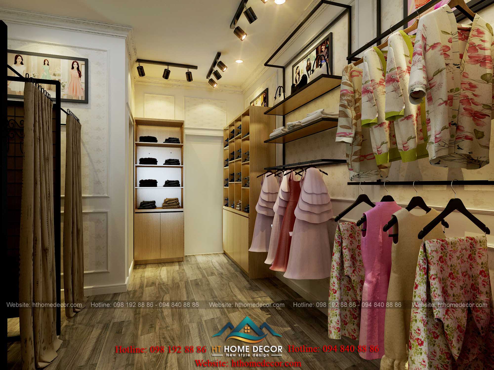 Mỗi loại trang phục được trưng bày trên các kệ, tủ khác nhau. Thuận tiện cho việc lựa chọn mua sắm của khách hàng.