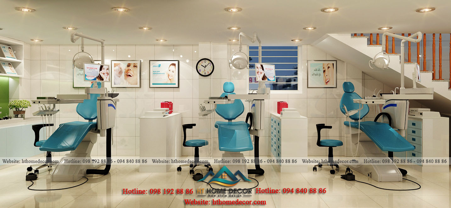 Giữa gam màu trắng chủ đạo của phòng khám răng hiện đại. Việc lựa chọn ghế màu xanh da trời đã làm cho không gian thêm nổi bật.