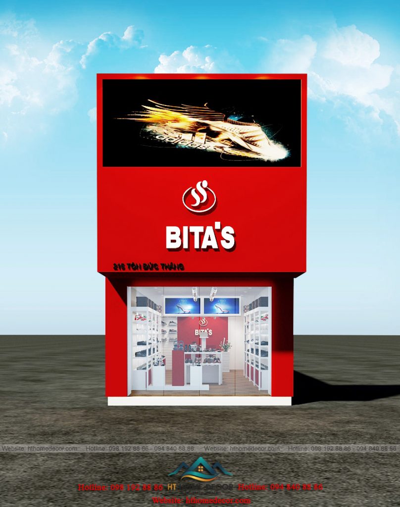 Màu đỏ mạnh mẽ và đầy nhiệt huyết. Tên cửa hiệu Bitas và logo vô cùng to lớn và nổi bật. Phía dưới là địa chỉ để khách hàng dễ tìm kiếm. Bên trên có hình ảnh chiếc giày được thiết kế đặc biệt ấn tượng.