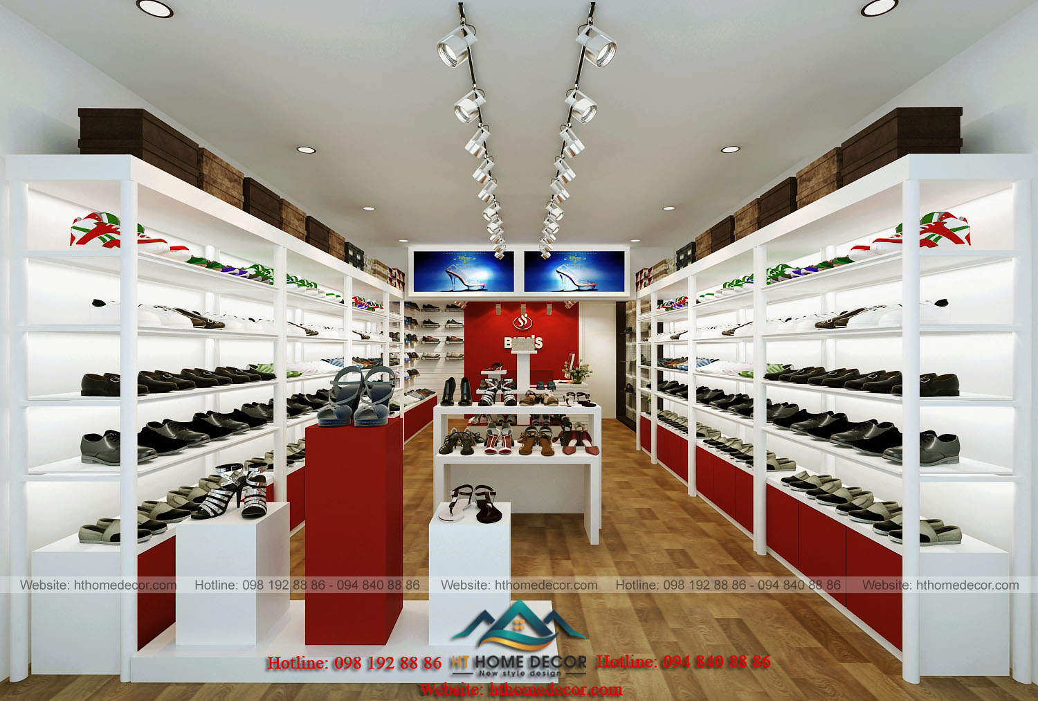 Sàn gỗ được sử dụng để tăng thêm sự sang trong. 2 gam đỏ - trắng tiếp tục được sử dụng để tạo sự thống nhất cho shop giày thể thao.