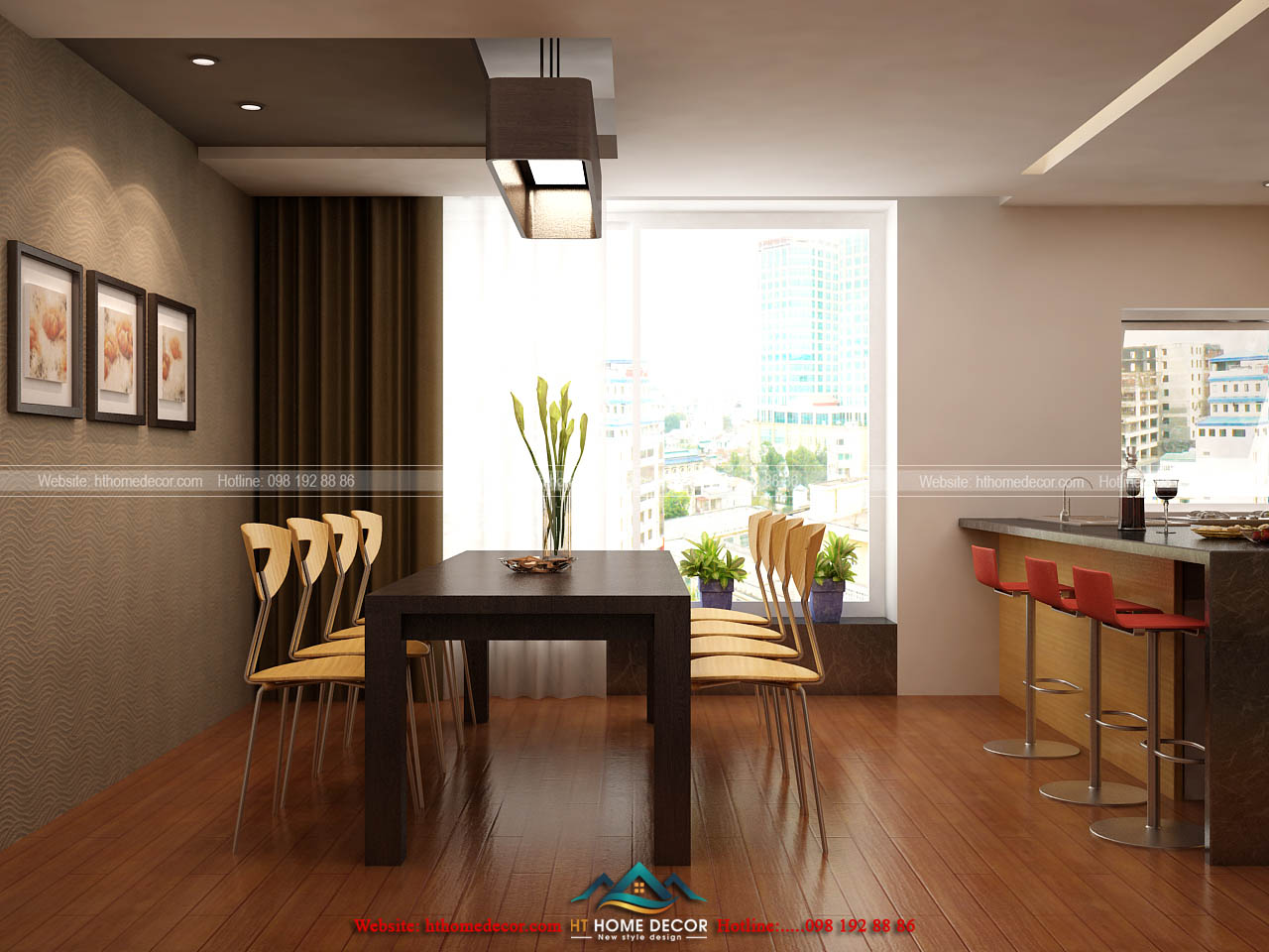 Phòng bếp tinh tế lựa chọn cửa rộng bằng kính trong suốt, mang đến ánh sang tự nhiên vào, tiết kiệm được nguồn điện năng, cho không gian thêm thoáng mát.