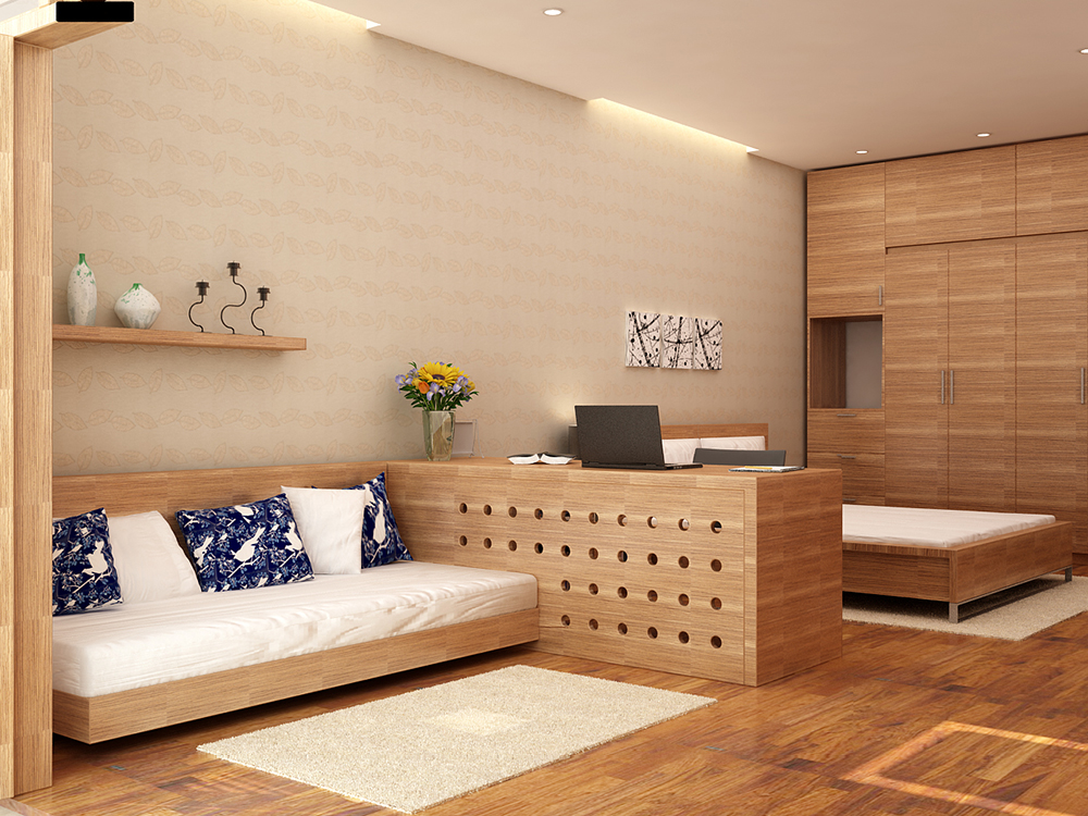 Được thiết kế liền kế nối tiếp nhau từ sofa, bàn làm việc, đến giường ngủ đều bằng nội thất gỗ.
