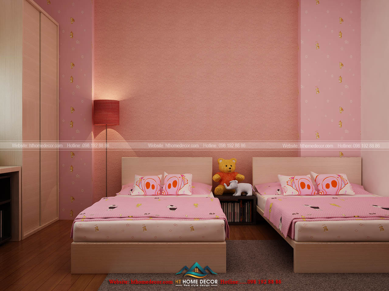 Ở một gian phòng khác, thiết kế nội thất đẹp tinh tế với gam màu hồng dịu dàng nữ tính. Thích hợp cho các bé gái.