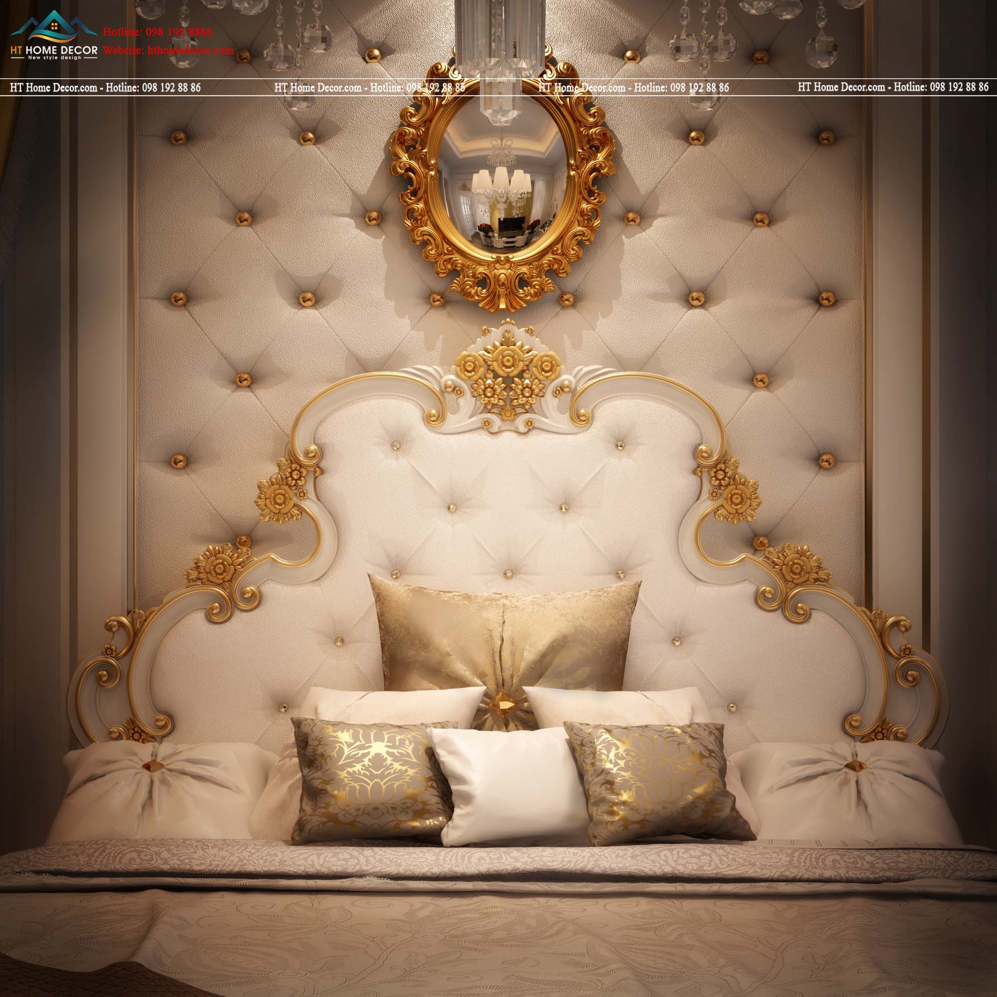 Không hổ danh là biệt thự hoàng gia, với thiết kế giường ngủ lộng lẫy, từng đường viền được sử dụng màu vàng nhũ bao trùm cả chiếc giường trắng mềm mại.