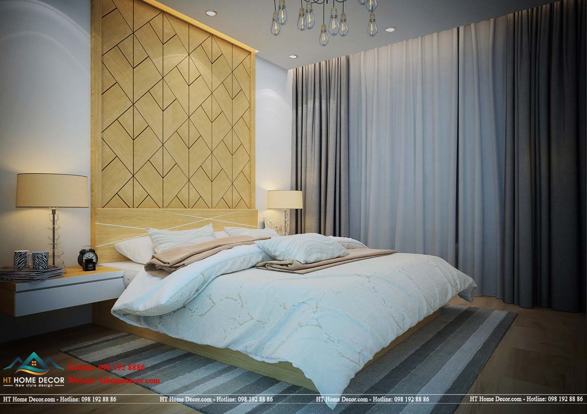 Ở thiết kế này KTS đã lựa chọn thêm gỗ để tôn thêm sự bình dị giữa không gian sang trọng. Đèn ngủ hiện đại được đặt 2 bên đầu giường, vừa mang tính thẩm mĩ cao vừa giúp cho gia chủ thêm ngủ ngon.
