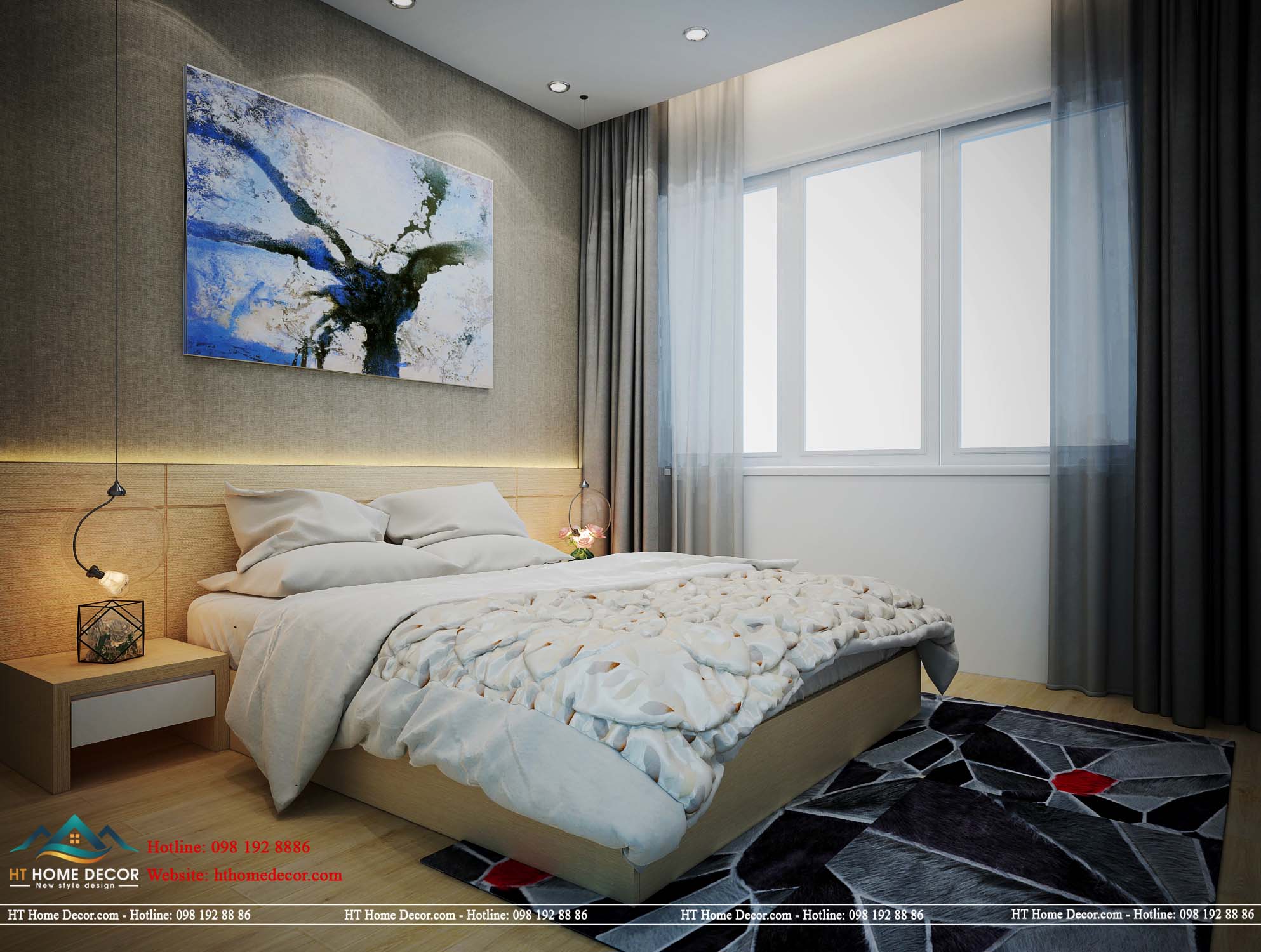 Bức tranh trừu tượng được đặt phía trên giường ngủ, thể hiện được đẳng cấp nghệ thuật của gia chủ.