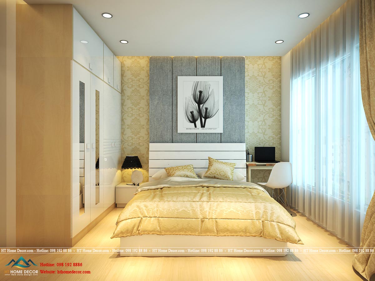 Giường ngủ mềm mại, rộng rãi không cầu kì nhưng vô cùng sang trọng. Nội thất được dùng màu vàng nhũ thời thượng, tôn lên vẻ đẹp riêng.